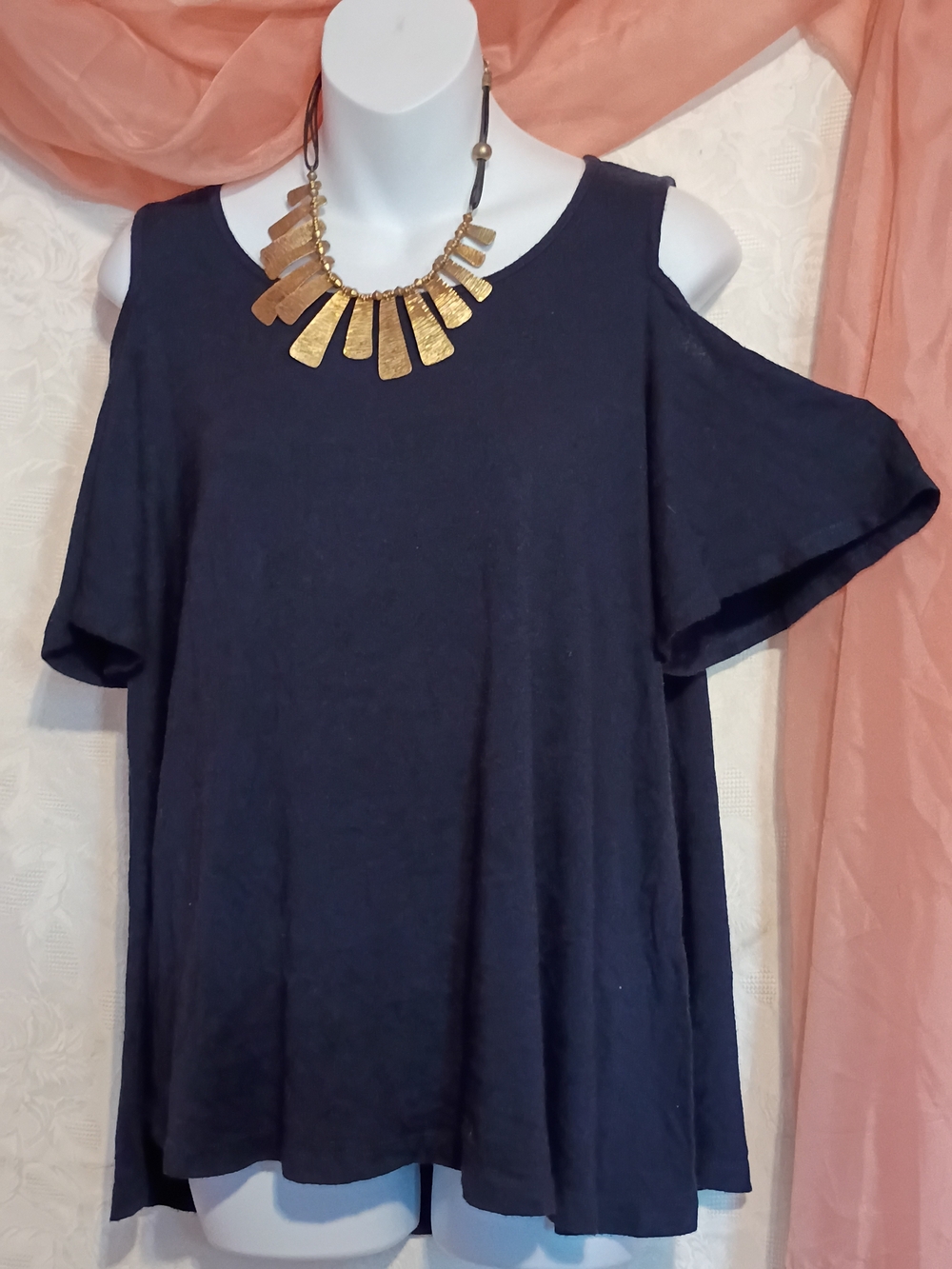 Wallpapher Ladies Navy Cold-Shoulder Blouse Sz Sm